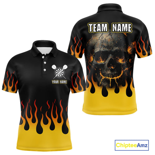 Custom Yellow Fire Flame Cracked Skull Dart Polo & 1/4 Zip Shirts For Men Dart Team Jerseys NYN0068