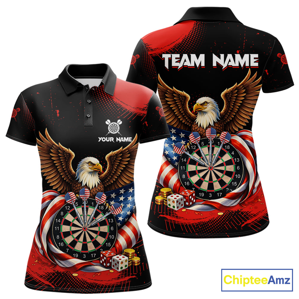 Personalized Red Grunge US Flag Eagle Dart Shirts For Women Patriotic Dart Polo & 1/4-Zip Jersey NYN2780