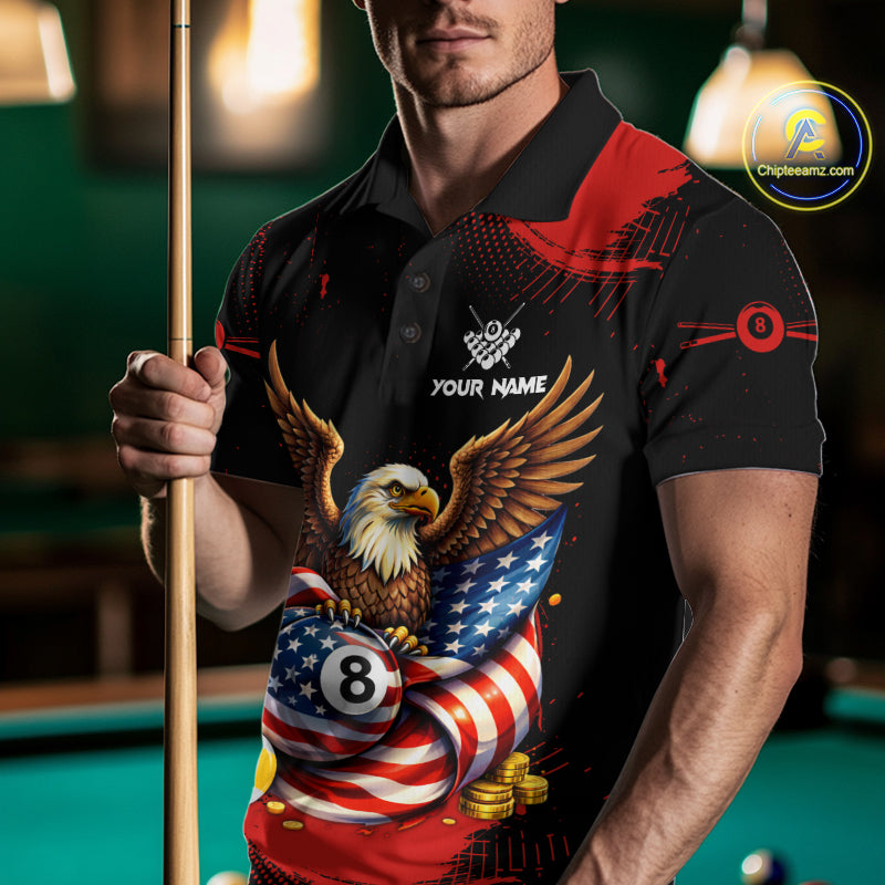 Custom Red Grunge US Flag Eagle Billiard Pool Shirts For Men 8 Ball Patriotic Billiard Team Attire NYN2781
