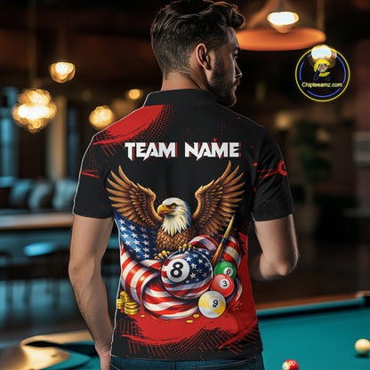 Custom Red Grunge US Flag Eagle Billiard Pool Shirts For Men 8 Ball Patriotic Billiard Team Attire NYN2781