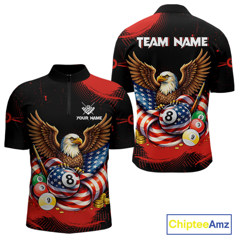 Custom Red Grunge US Flag Eagle Billiard Pool Shirts For Men 8 Ball Patriotic Billiard Team Attire NYN2781
