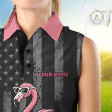 Load image into Gallery viewer, Custom Black Patriotic Golf Sleeveless Polo Shirts For Women, Funny Flamingo Best Golf Clothing Shirts NYN2995