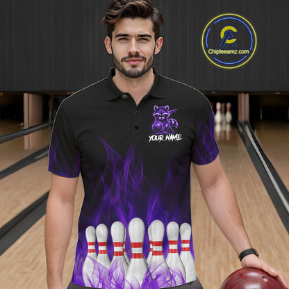 Purple Flames Custom Funny Raccoon Mens Bowling Shirts Bowling Team Shirt For Bowlers NYN3410