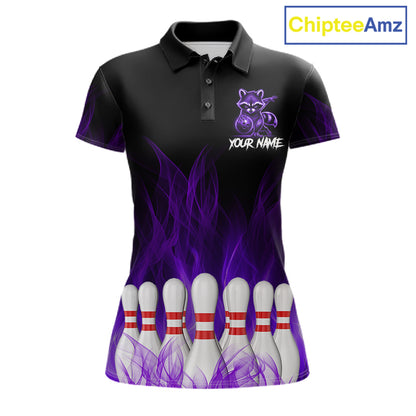 Purple Flames Funny Raccoon Bowling Shirt For Women Custom Bowling Team Jersey For Bowlers
