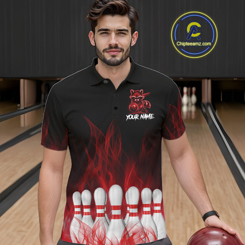 Red Flames Custom Funny Raccoon Mens Bowling Shirts Bowling Team Shirt For Bowlers NYN3411