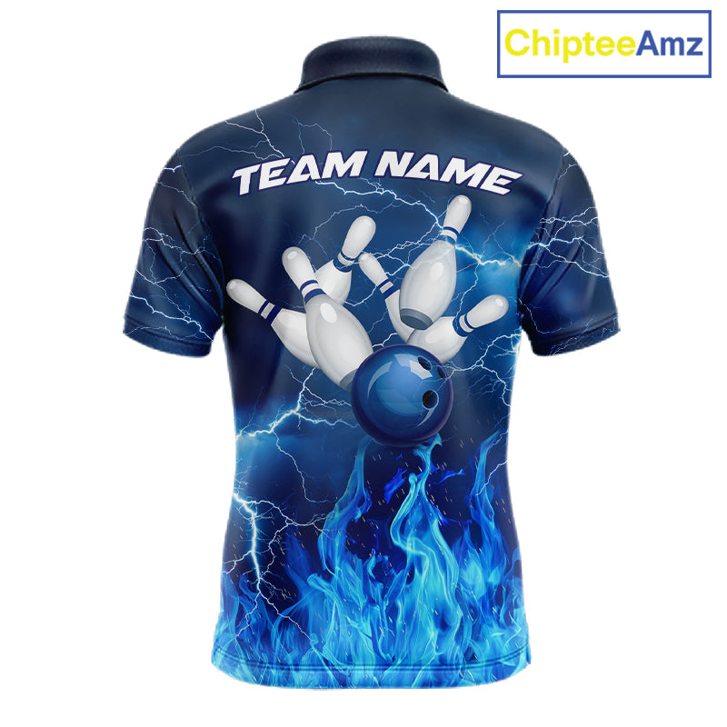 Custom Mens Bowling Thunder Lightning Shirts, Fire Flame Bowling Team Jerseys | Blue NYN3419