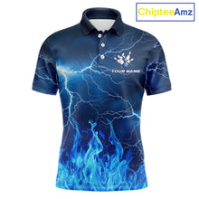 Load image into Gallery viewer, Custom Mens Bowling Thunder Lightning Shirts, Fire Flame Bowling Team Jerseys | Blue NYN3419