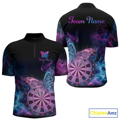 Smoke Butterfly Dartboard Men Dart Polo & 1/4-Zip Shirt Custom Blue Pink Dart Jersey For Darters NYN3001