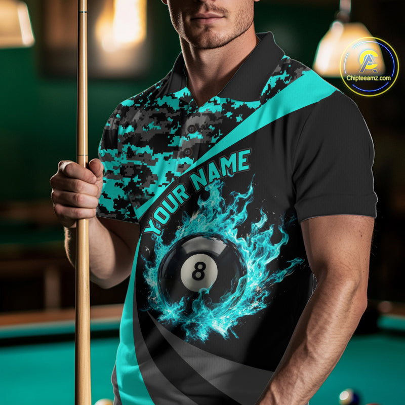 Flame 8 Ball & 9 Ball Billiard Pool Shirt For Men Custom Black And Teal Camo Billiard Team Attire NYN3429