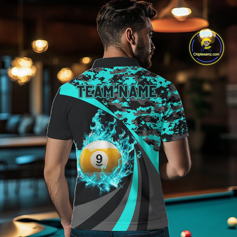 Flame 8 Ball & 9 Ball Billiard Pool Shirt For Men Custom Black And Teal Camo Billiard Team Attire NYN3429