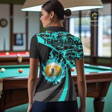 Load image into Gallery viewer, Flame 8 Ball &amp; 9 Ball Billiard Pool Shirt For Women Custom Black And Teal Camo Billiard Team Attire NYN3429