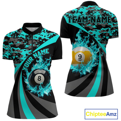 Black Teal Camo Flame 8 Ball 9 Ball Pool Shirt For Women Custom Billiard Team Jersey