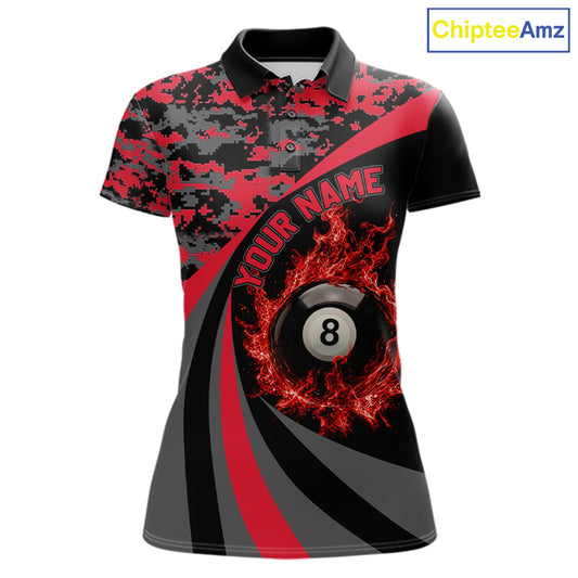 Black Red Camo Flame 8 Ball 9 Ball Pool Shirt For Women Custom Billiard Team Jersey