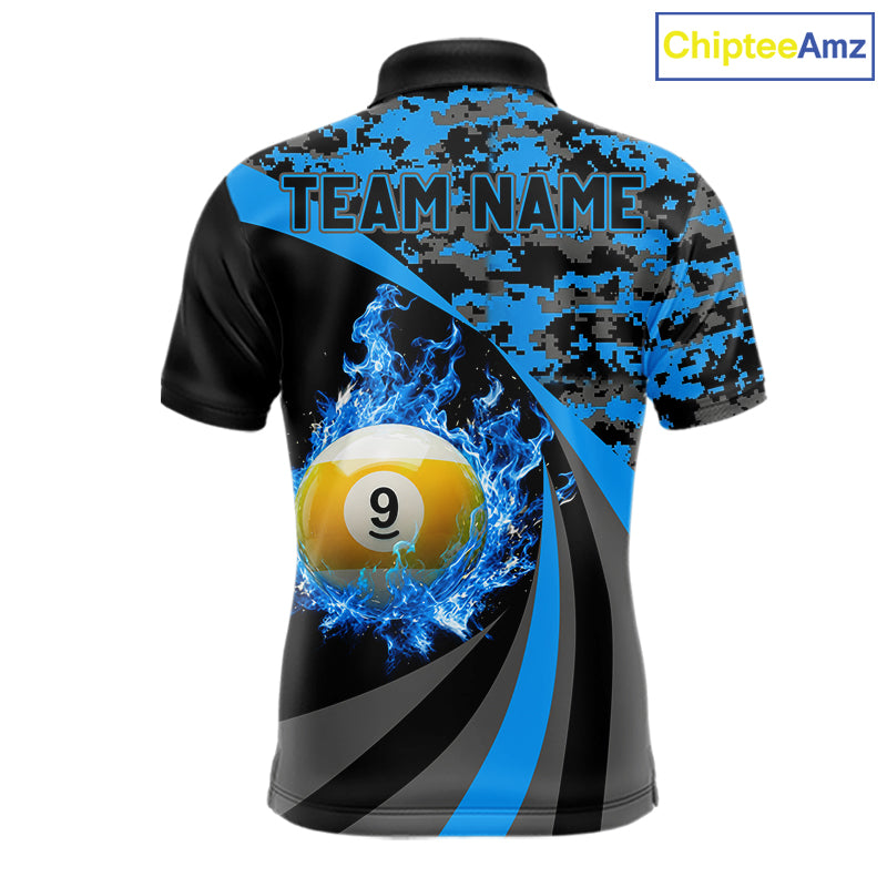 Black Blue Camo Flame 8 Ball 9 Ball Pool Shirt For Men Custom Billiard Team Jersey