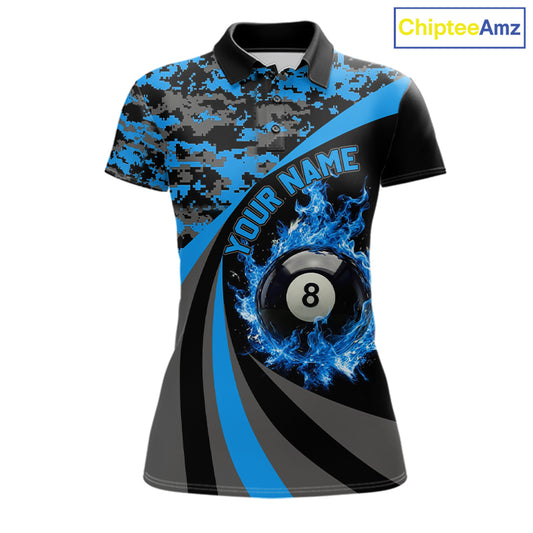 Black Blue Camo Flame 8 Ball 9 Ball Pool Shirt For Women Custom Billiard Team Jersey