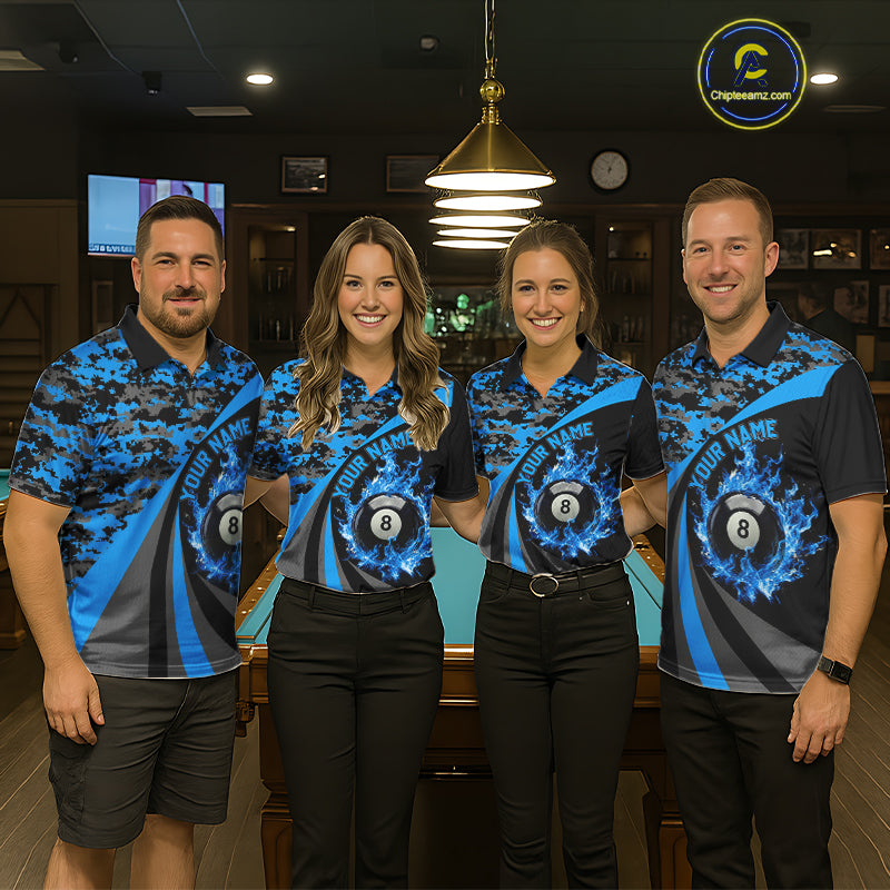 Flame 8 Ball & 9 Ball Billiard Pool Shirt For Women Custom Black And Blue Camo Billiard Team Attire NYN3431