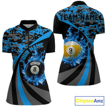 Load image into Gallery viewer, Black Blue Camo Flame 8 Ball 9 Ball Pool Shirt For Women Custom Billiard Team Jersey