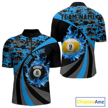 Load image into Gallery viewer, Black Blue Camo Flame 8 Ball 9 Ball Pool Shirt For Men Custom Billiard Team Jersey