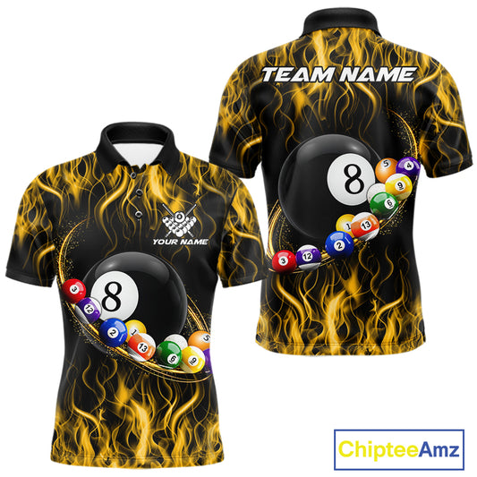 Yellow Light Fire Flame 8 Ball Pool Shirt For Men Custom Billiard Ball Team Jersey