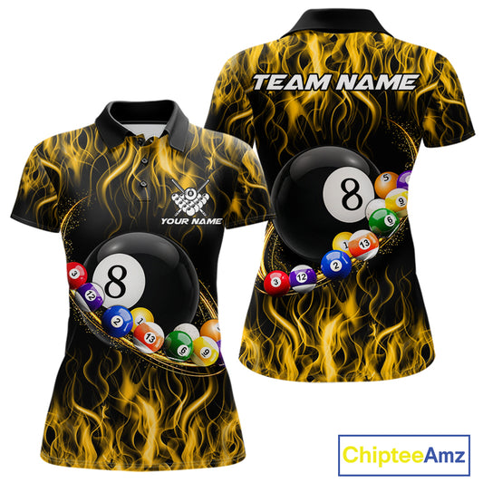 Yellow Light Fire Flame 8 Ball Pool Shirt For Women Custom Billiard Ball Team Jersey