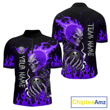 Load image into Gallery viewer, Purple Flames Skull men's quarter-zip bowling jersey with dramatic skull flames, custom bowling league apparel, personalized tournament shirt, athletic performance uniform, championship bowling clothing