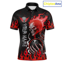 Load image into Gallery viewer, Red Flames Skull men's bowling polo with blazing skull graphics, personalized bowling team shirt, custom tournament jersey, bowling league apparel, athletic performance clothing, competitive bowling uniform