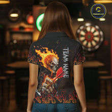 Load image into Gallery viewer, Female model wearing Red Flames Skull women's darts polo, custom skeleton dart tournament jersey, gothic athletic apparel, personalized championship league clothing