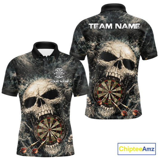 Grunge Horror Grey Skull Vintage Dartboard & Arrow Men Darts Polo Shirt Custom Dart League Shirts NYN2642