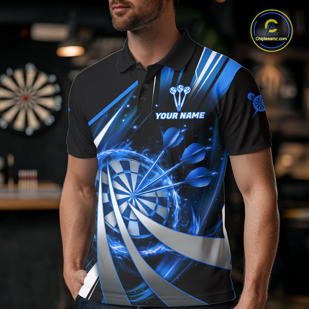 Custom Blue Flaming Dartboard & Arrow Men Darts Polo & 1/4-Zip Shirts Dart Team Jerseys NYN2799