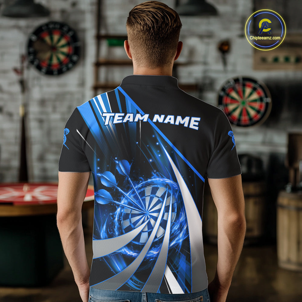 Custom Blue Flaming Dartboard & Arrow Men Darts Polo & 1/4-Zip Shirts Dart Team Jerseys NYN2799