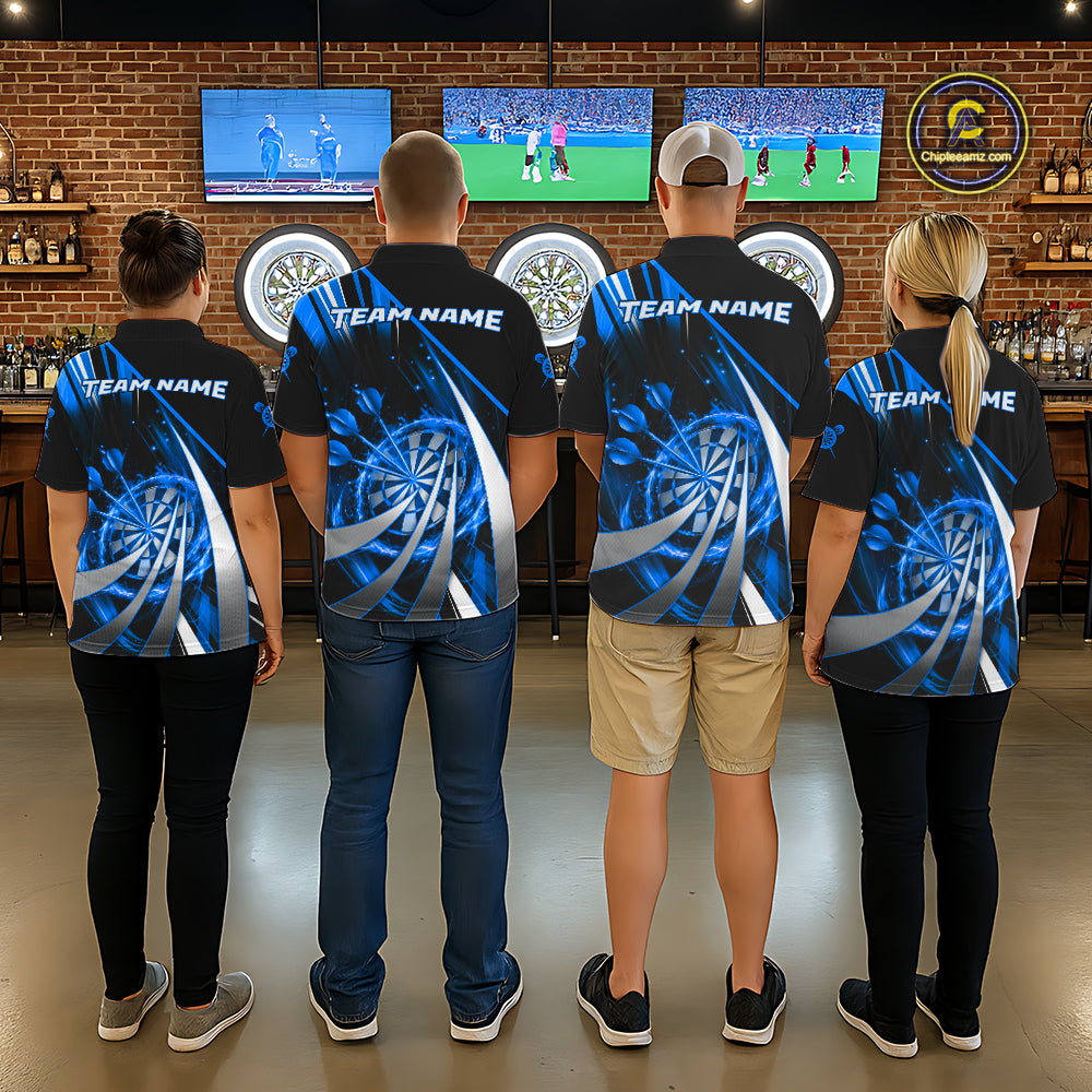 Custom Blue Flaming Dartboard & Arrow Women Darts Polo & 1/4-Zip Shirts Dart Team Jerseys NYN2799