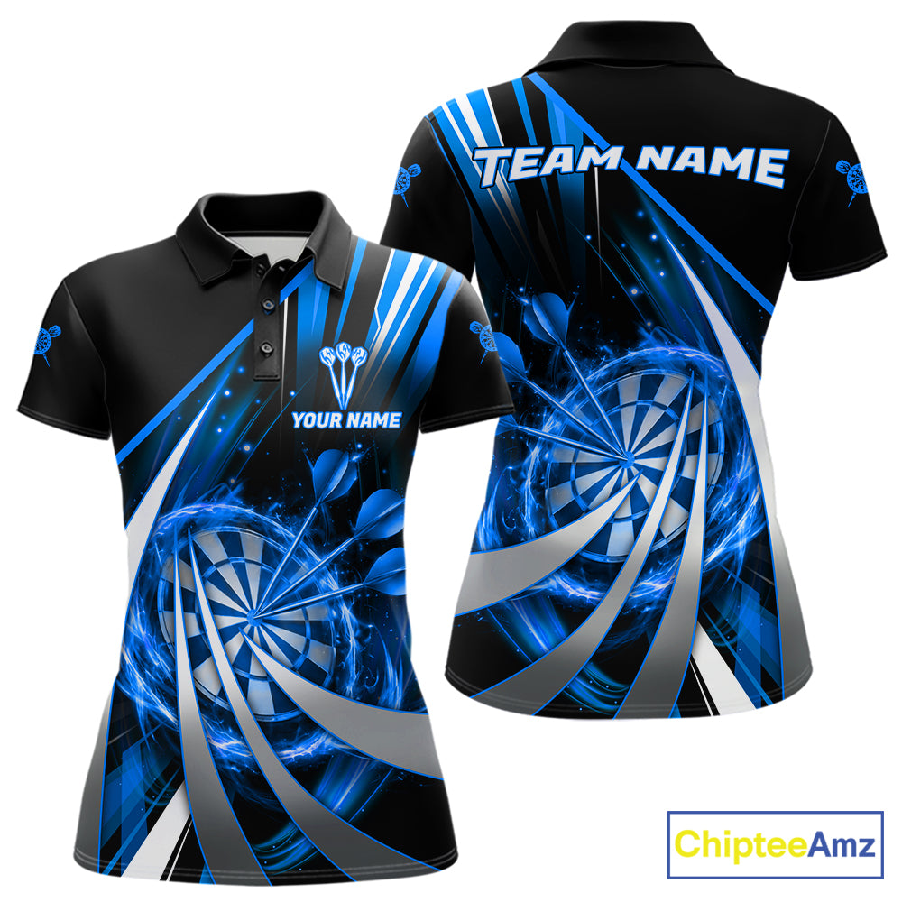 Custom Blue Flaming Dartboard & Arrow Women Darts Polo & 1/4-Zip Shirts Dart Team Jerseys NYN2799