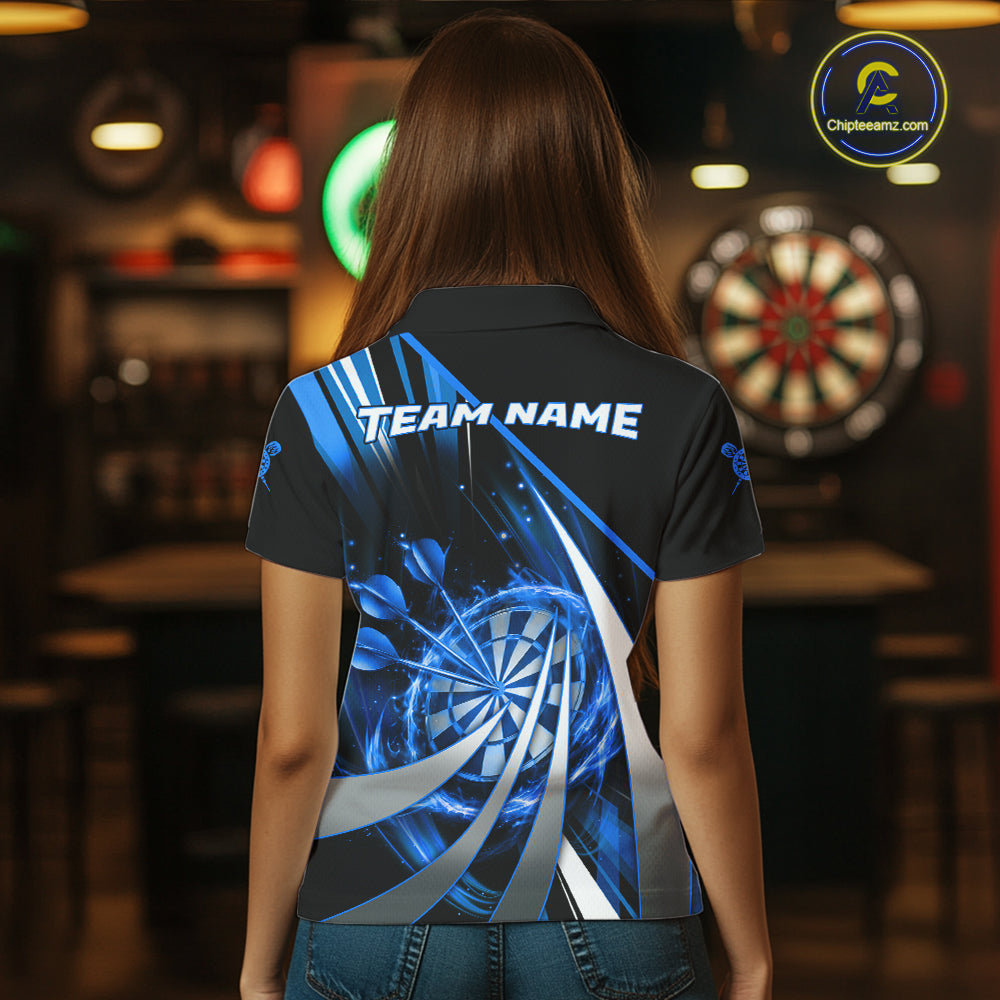 Custom Blue Flaming Dartboard & Arrow Women Darts Polo & 1/4-Zip Shirts Dart Team Jerseys NYN2799