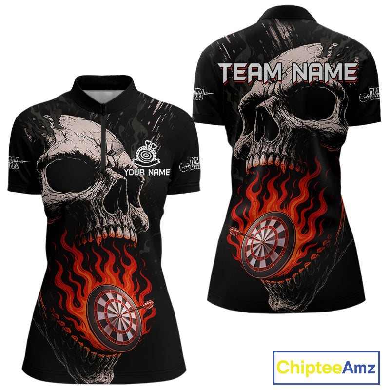 Custom Red Flames Skull Dartboard Dart Women Quarter-Zip Shirt Grunge Dart Team Jerseys NYN1613