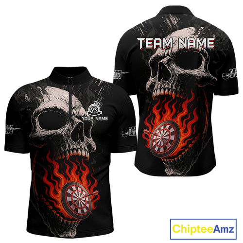Custom Red Flames Skull Dartboard Dart Men Quarter-Zip Shirt Grunge Dart Team Jerseys NYN1613
