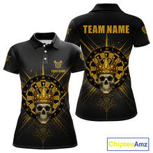 Load image into Gallery viewer, Black And Gold Crown Dartboard Skull Custom Women&#39;s Darts Polo Shirt Dart Jerseys NYN1900