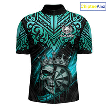 Load image into Gallery viewer, Teal Tribal Cracked Crown Skull Dartboard Men Darts 1/4-Zip Shirt Custom Dart League Shirt NYN2648
