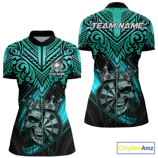 Teal Tribal Cracked Crown Skull Dartboard Women Darts 1/4-Zip Shirt Custom Dart League Shirt NYN2648