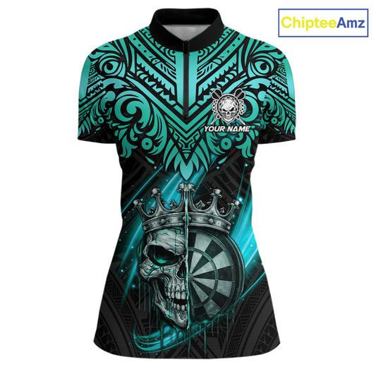 Teal Tribal Cracked Crown Skull Dartboard Women Darts 1/4-Zip Shirt Custom Dart League Shirt NYN2648