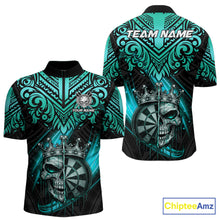 Load image into Gallery viewer, Teal Tribal Cracked Crown Skull Dartboard Men Darts 1/4-Zip Shirt Custom Dart League Shirt NYN2648