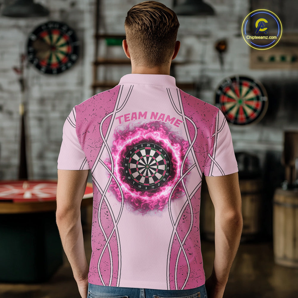 Personalized Grunge Pink Flaming Dartboard Men Darts Polo & 1/4-Zip Shirts Dart Team Jerseys NYN2810