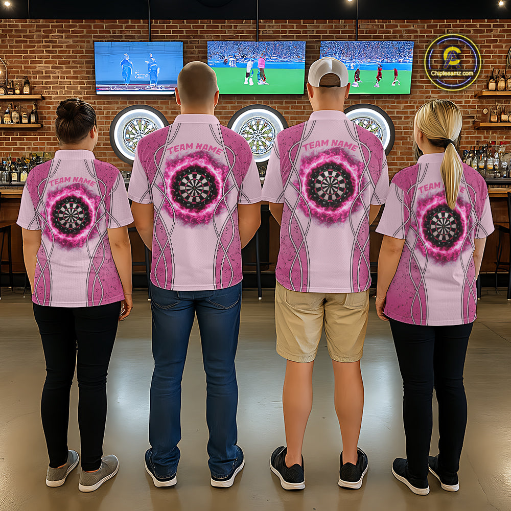 Personalized Grunge Pink Flaming Dartboard Women Darts Polo & 1/4-Zip Shirts Dart Team Jerseys NYN2810