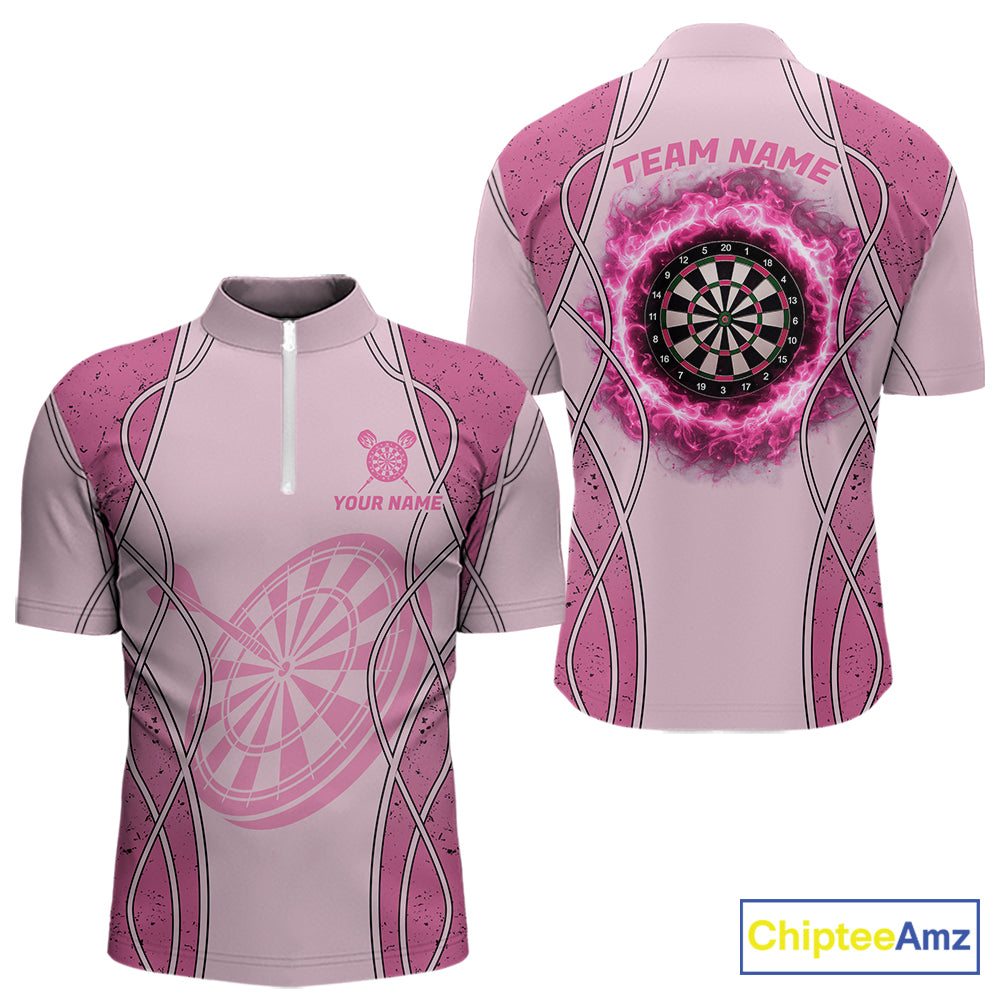 Personalized Grunge Pink Flaming Dartboard Men Darts Polo & 1/4-Zip Shirts Dart Team Jerseys NYN2810