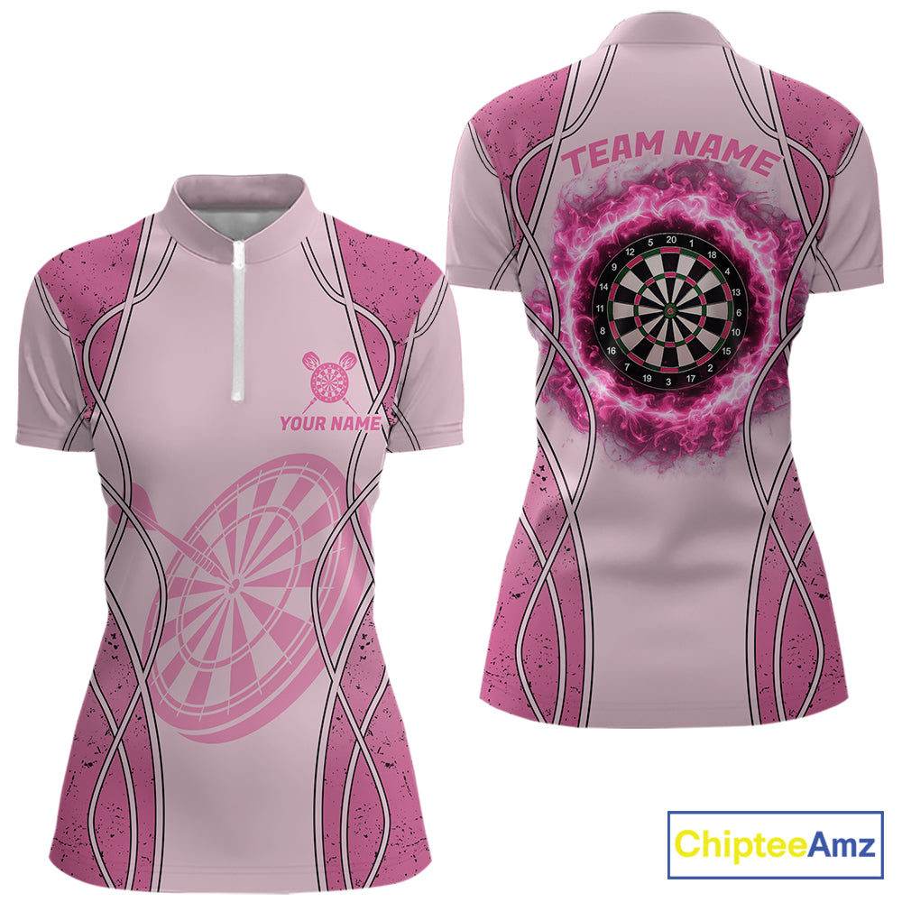 Personalized Grunge Pink Flaming Dartboard Women Darts Polo & 1/4-Zip Shirts Dart Team Jerseys NYN2810