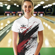 Load image into Gallery viewer, Black And Red Splatter Paint Bowling Ball &amp; Pins Shirts Custom Team Bowling Attire For Women NYN3446