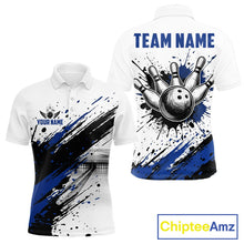 Load image into Gallery viewer, Black and blue splatter paint bowling ball and pins shirt for men custom bowling attire