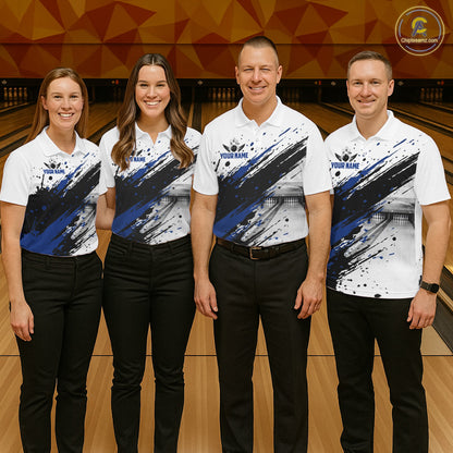 Black And Blue Splatter Paint Bowling Ball & Pins Shirts Custom Team Bowling Attire For Women NYN3447