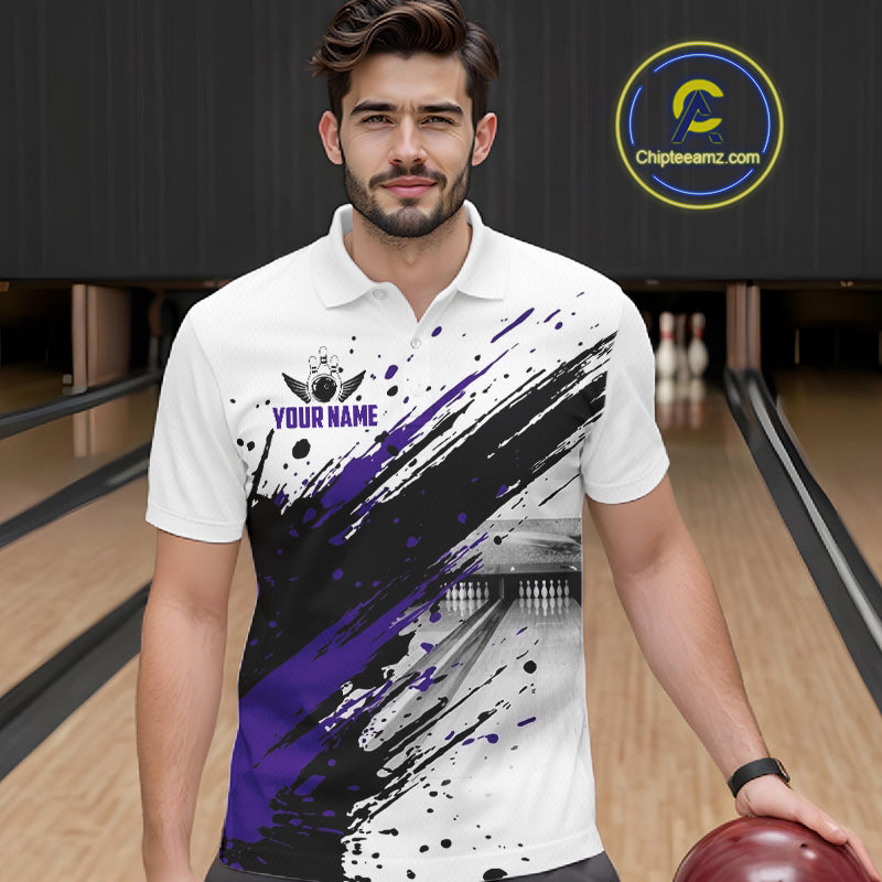 Black And Purple Splatter Paint Bowling Ball & Pins Shirts Custom Team Bowling Attire For Men NYN3448
