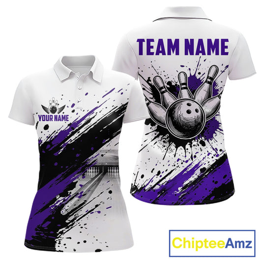 Black and purple splatter paint bowling ball and pins shirt for women custom bowling attire