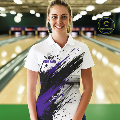 Black And Purple Splatter Paint Bowling Ball & Pins Shirts Custom Team Bowling Attire For Men NYN3448